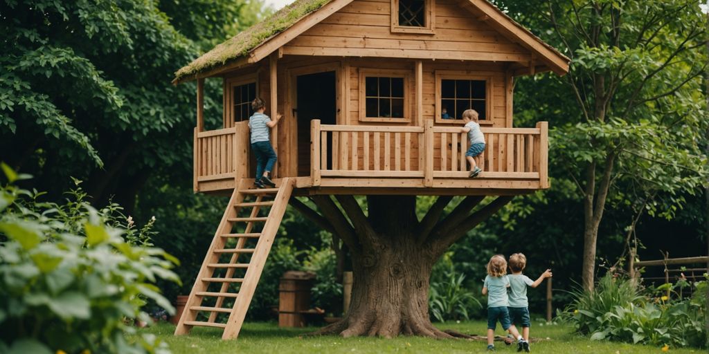 Kids enjoying a treehouse in the backyard garden